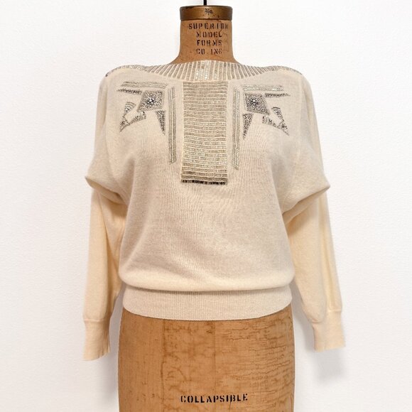 Vintage 80s Anne Klein Cream Lambswool Angora Beaded Batwing Sweater Size Medium - Picture 1 of 13